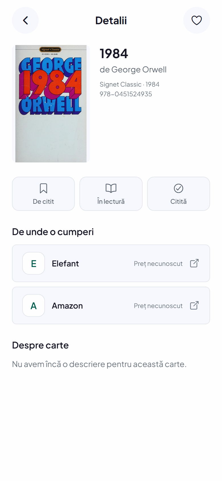 Ecranul unei cărți în aplicație